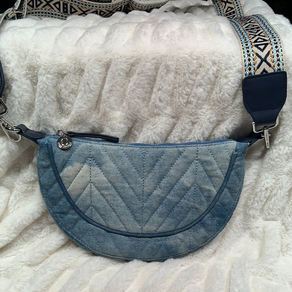 Urban Originals Quilted Denim Crescent Crossbody Bag - with Woven Guitar Strap